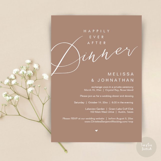 Convites Feliz Para Sempre Após Janta, Festa de casamento,  (Happily Ever After Dinner Invitation Card, PDF, Modern Romantic Wedding Elopement , in Warm Taupe)