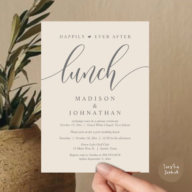 Convites Feliz Para Sempre Após O Almoço, Casamento Poste (Happily Ever After Lunch, Wedding Party Invitation Card PDF Modern Beautiful Cream Grey)