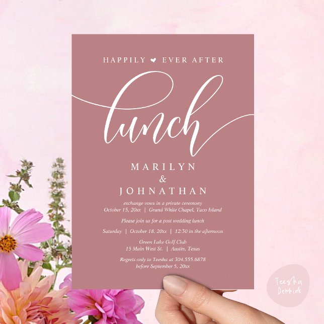 Convites Feliz Para Sempre Após O Almoço, Casamento Poste (Happily Ever After Lunch, Wedding Party Invitation Card PDF Modern Beautiful Dusty Rose Pink)