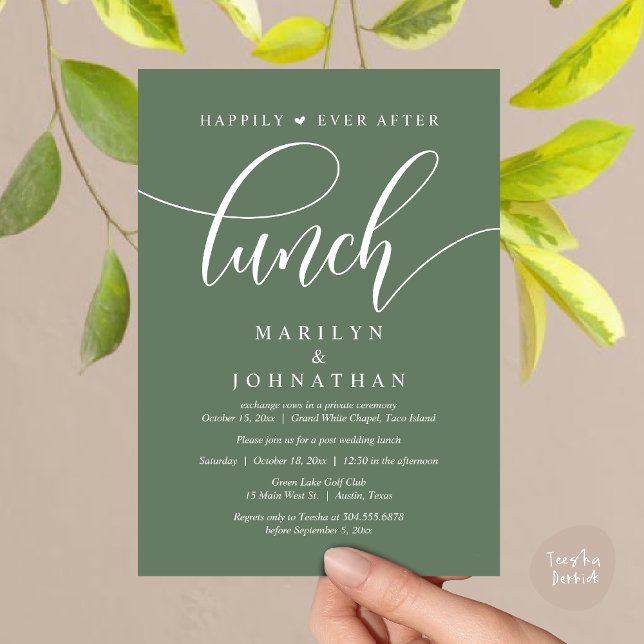 Convites Feliz Para Sempre Após O Almoço, Casamento Poste (Happily Ever After Lunch, Wedding Party Invitation Card PDF Modern Romantic Greenery Sage Green)