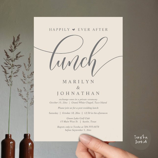 Convites Feliz Para Sempre Após O Almoço, Casamento Poste (Happily Ever After Lunch, Wedding Party Invitation Card PDF Modern Beautiful Cream Grey)