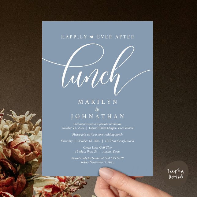 Convites Feliz Para Sempre Após O Almoço, Casamento Poste (Happily Ever After Lunch, Wedding Party Invitation Card PDF Modern Romantic Beautiful Dusty Blue)