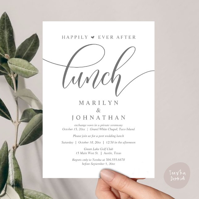 Convites Feliz Para Sempre Após O Almoço, Casamento Poste (Happily Ever After Lunch, Wedding Party Invitation Card PDF Modern Beautiful Dark Grey)