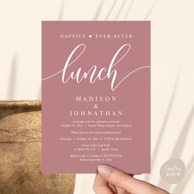 Convites Feliz Para Sempre Após O Almoço, Casamento Poste (Happily Ever After Lunch, Wedding Party Invitation Card PDF Modern Beautiful Dusty Rose Pink)