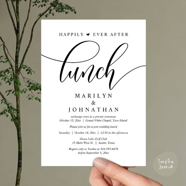 Convites Feliz Para Sempre Após O Almoço, Casamento Poste (Happily Ever After Lunch, Wedding Party Invitation Card PDF Modern Romantic White Black)
