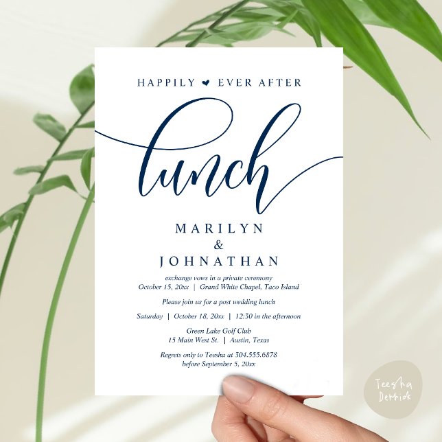 Convites Feliz Para Sempre Após O Almoço, Casamento Poste (Happily Ever After Lunch, Wedding Party Invitation Card PDF Modern Romantic Navy Blue)