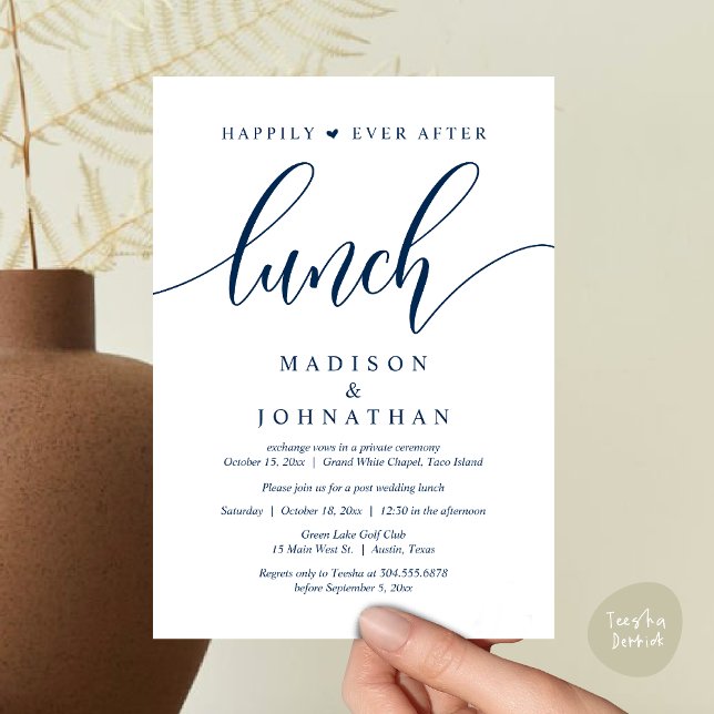 Convites Feliz Para Sempre Após O Almoço, Casamento Poste (Happily Ever After Lunch, Wedding Party Invitation Card PDF Modern Romantic Navy Blue)