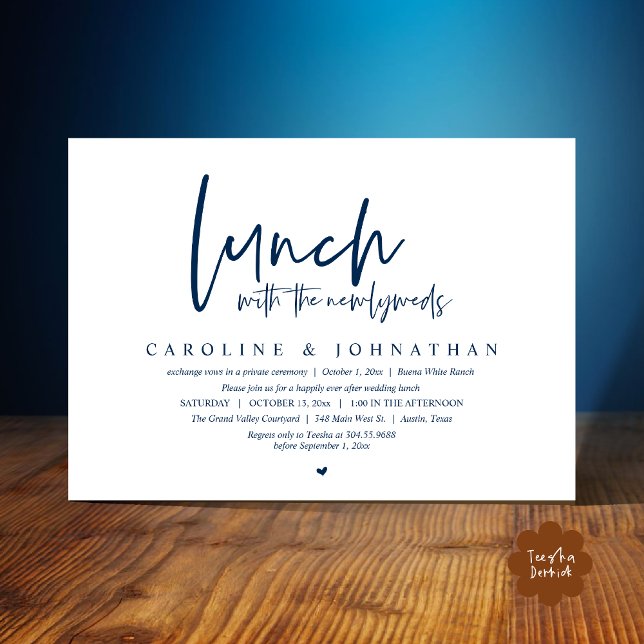 Convites Feliz Para Sempre Após O Almoço Com Os Novos Joven (Lunch with the Newlyweds, Happily Ever After Modern Minimalist Invitation Card PDF Navy Blue)