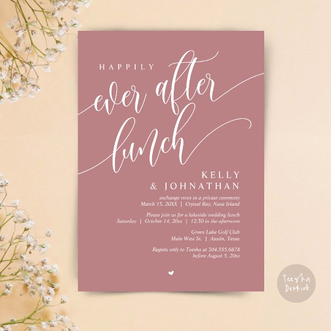 Convites Feliz Para Sempre Após O Almoço De Casamento, Dust (Happily Ever After Lunch Invitation Card, PDF, Post Wedding Celebration, in Dusty Rose Pink)