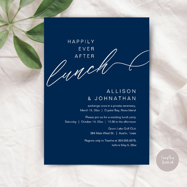 Convites Feliz Para Sempre Após O Almoço, Marinho De Casame (Happily Ever After Lunch, Wedding Elopement Invitation Card, PDF, Modern Classy, in Navy Blue)