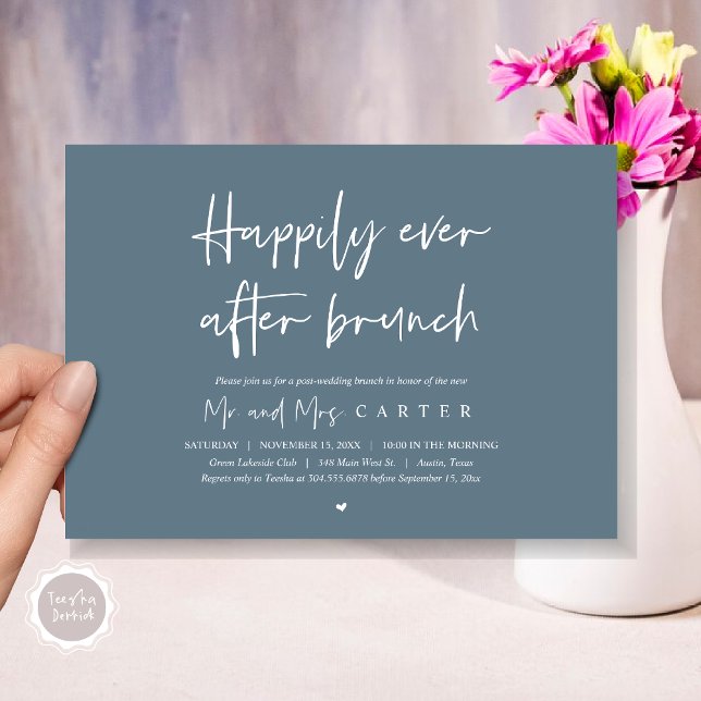 Convites Feliz para sempre brunch, Moderno pós-casamento (Happily Ever After Brunch Invitation Card, PDF, Modern Wedding Elopement, Celebration, Dusty Blue)
