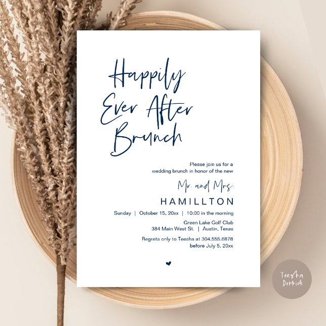 Convites Feliz para Sempre: Brunch na Manhã Seguinte (Happily Ever After Brunch The Morning After Invitation Card PDF Newlyweds in Navy Blue)