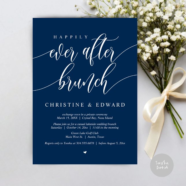 Convites Feliz para Sempre Café da Manhã para Casais que Fu (Happily Ever After Elopement Brunch Invitation Card, Post-wedding, PDF, in Navy Blue)