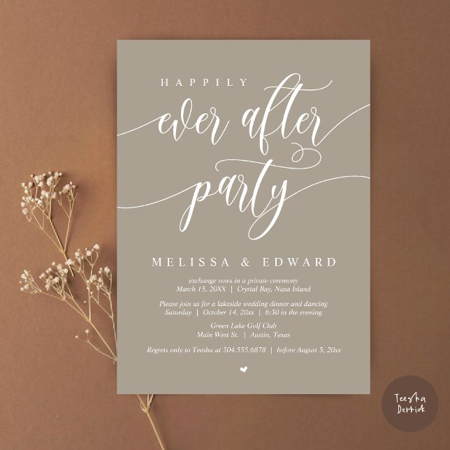 Convites Feliz Para Sempre, Depois Do Partido Do Elopemento (Happily Ever After Elopement Party Invitation Card, PDF, Modern Wedding Dinner, in Simply Taupe)