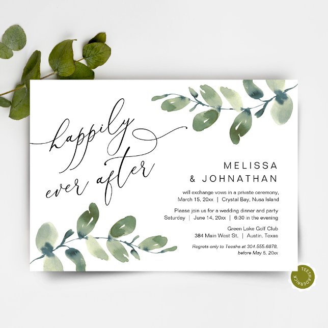 Convites Feliz Para Sempre, Elopement Janta, Greenerescênci (Happily Ever After, Post Wedding Elopement Dinner Invitation, Modern Romantic Greenery Eucalyptus)