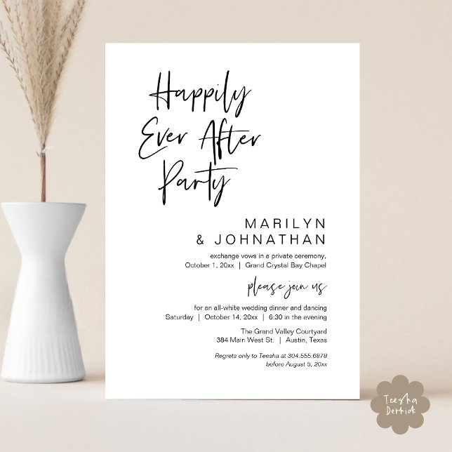Convites Feliz Para Sempre, Festa de Elopemento de Casament (Happily Ever After Party Invitation Card PDF Modern Wedding Dinner Dancing Black White )