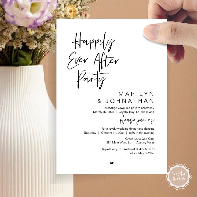 Convites Feliz Para Sempre, Festa de Elopemento de Casament (Happily Ever After, Wedding Elopement Modern Summer Party Invitation Card, PDF, in Black White)