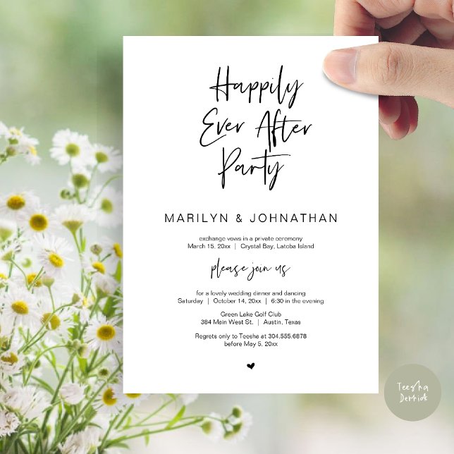 Convites Feliz Para Sempre, Festa de Elopemento de Casament (Happily Ever After, Wedding Elopement Modern Summer Party Invitation Card, PDF, in Black White)