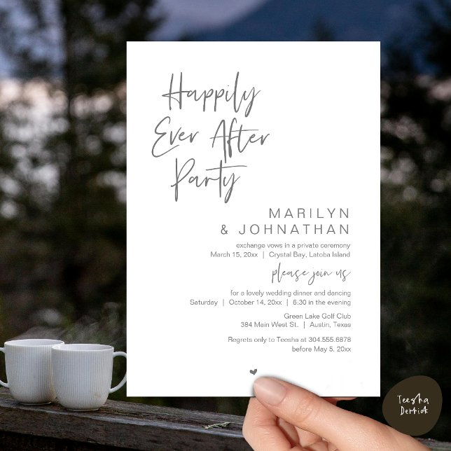 Convites Feliz Para Sempre, Festa de Elopemento de Casament (Happily Ever After, Wedding Elopement Modern Summer Party Invitation Card, PDF, in Dark Grey)