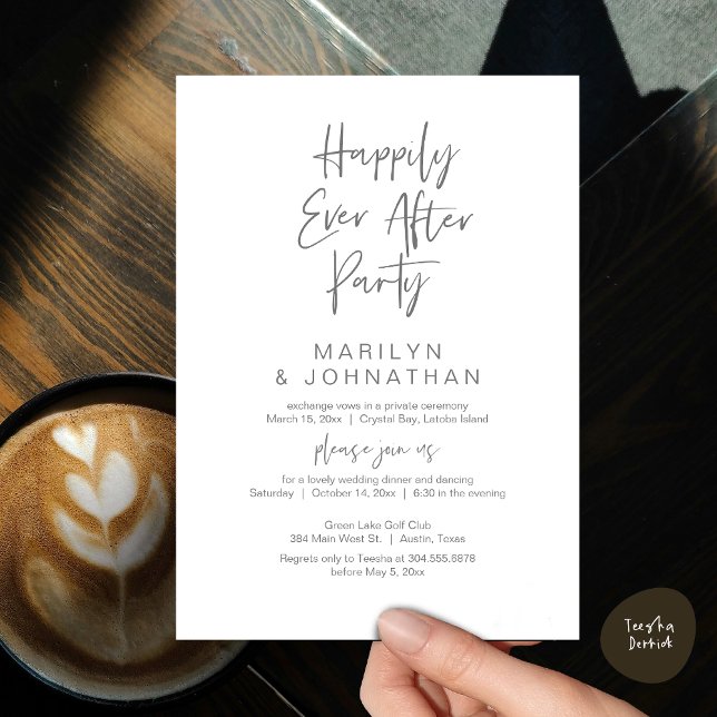 Convites Feliz Para Sempre, Festa de Elopemento de Casament (Happily Ever After, Wedding Elopement Modern Summer Party Invitation Card, PDF, in Dark Grey)