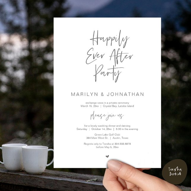 Convites Feliz Para Sempre, Festa de Elopemento de Casament (Happily Ever After, Wedding Elopement Modern Summer Party Invitation Card, PDF, in Dark Grey)