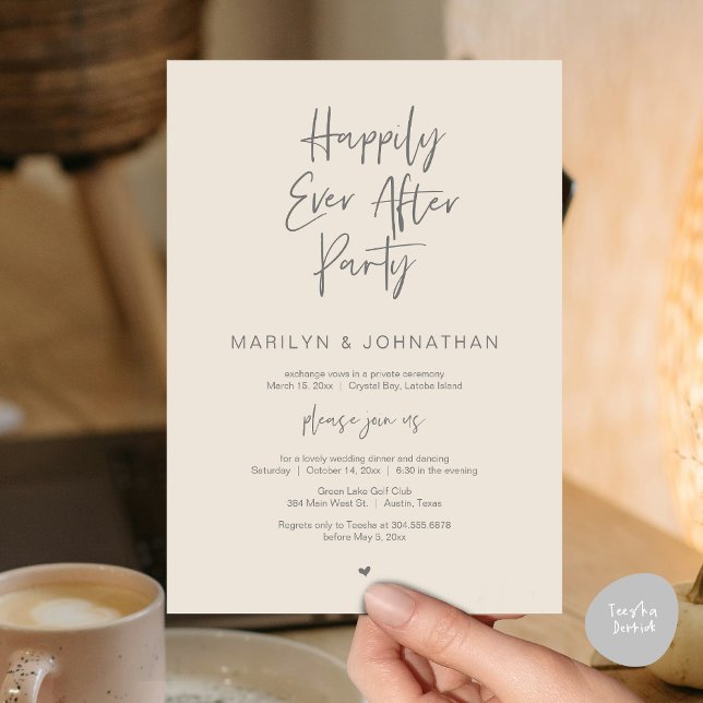 Convites Feliz Para Sempre, Festa de Elopemento de Casament (Happily Ever After, Wedding Elopement Modern Summer Party Invitation Card, PDF, in Cream Dark Grey)