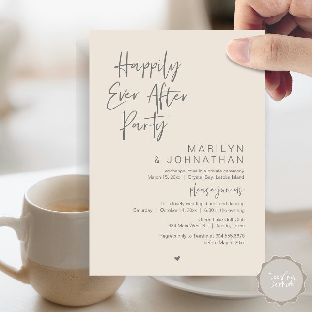 Convites Feliz Para Sempre, Festa de Elopemento de Casament (Happily Ever After, Wedding Elopement Modern Summer Party Invitation Card, PDF, in Cream Dark Grey)