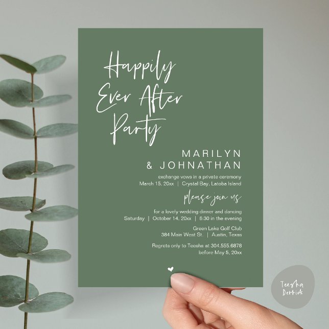 Convites Feliz Para Sempre, Festa de Elopemento de Casament (Happily Ever After, Wedding Elopement Modern Summer Party Invitation Card, PDF, in Forest Sage Green)