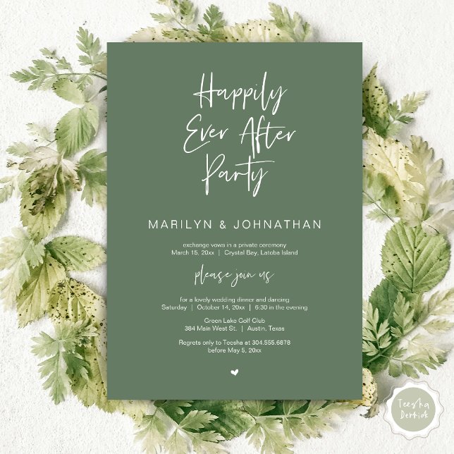 Convites Feliz Para Sempre, Festa de Elopemento de Casament (Happily Ever After, Wedding Elopement Modern Summer Party Invitation Card, PDF, in Forest Sage Green)