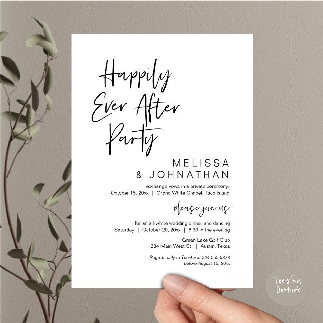 Convites Feliz Para Sempre, Festa de Elopemento de Casament (Happily Ever After Party Invitation Card, PDF, Wedding Elopement Dinner Brunch Lunch, White Black)