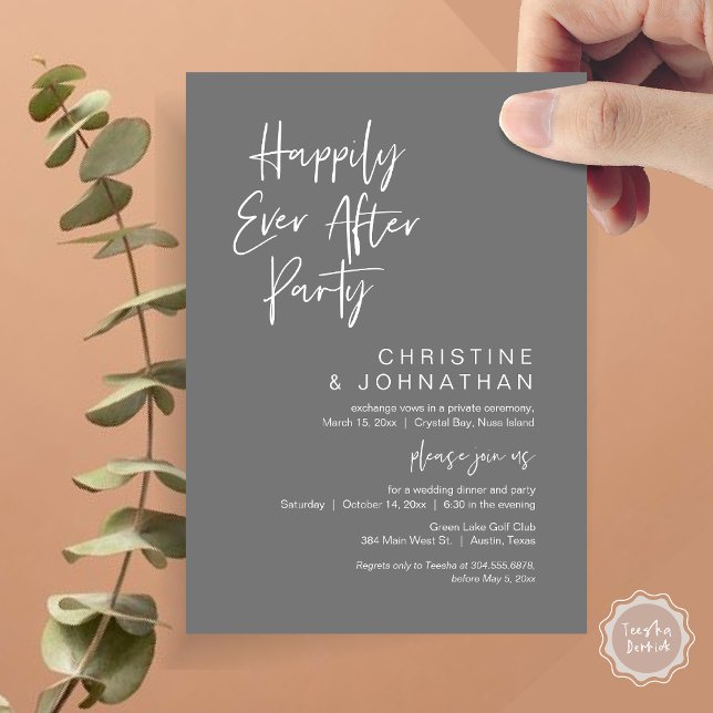 Convites Feliz Para Sempre, Festa de Janto de Elopemento de (Happily Ever After Party, Wedding Elopement Dinner Invitation Card, PDF, Modern, Dark Grey)