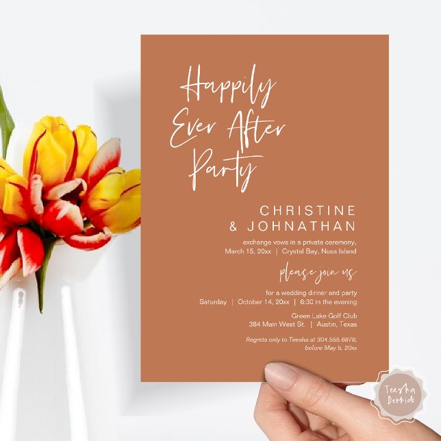 Convites Feliz Para Sempre, Festa de Janto de Elopemento de (Happily Ever After Party, Wedding Elopement Dinner Invitation Card, PDF, Modern, Copper Rust Brown)