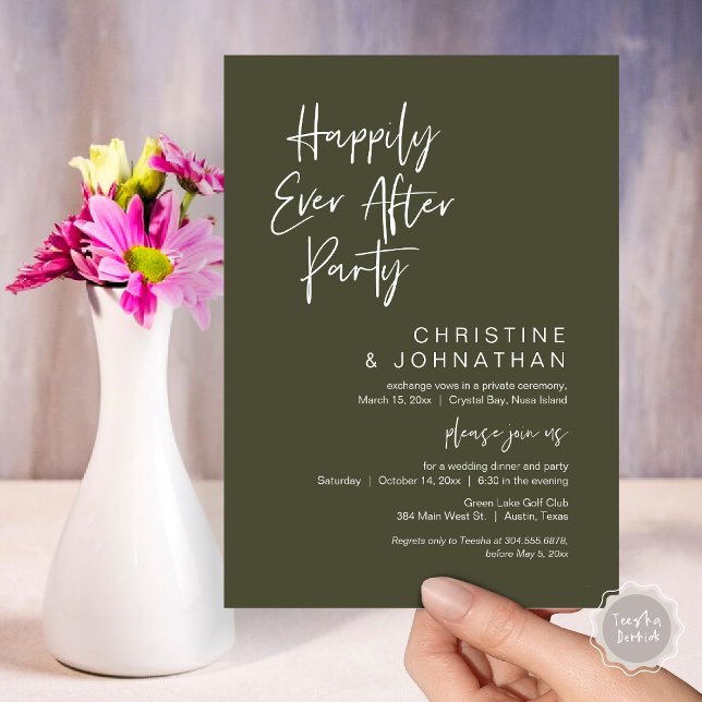 Convites Feliz Para Sempre, Festa de Janto de Elopemento de (Happily Ever After Party, Wedding Elopement Dinner Invitation Card, PDF, Modern, Olive Sage Green)