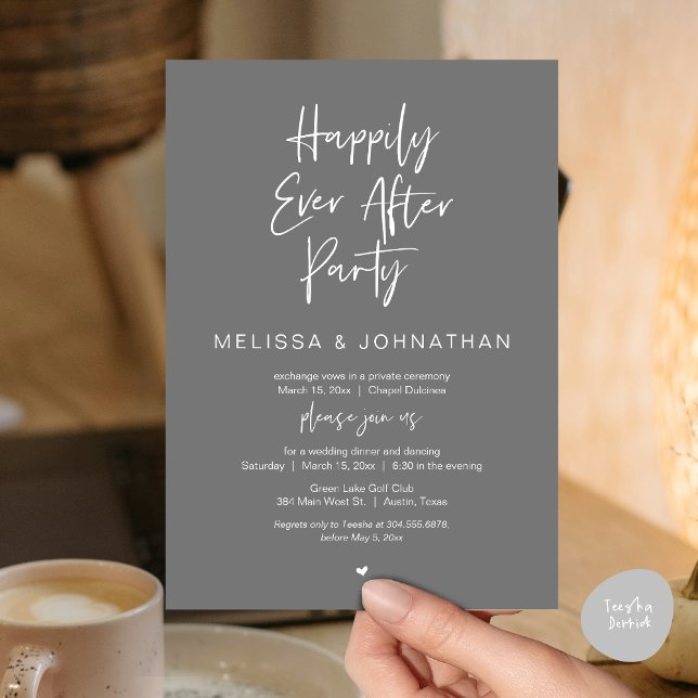 Convites Feliz Para Sempre, Festa de Janto de Elopemento de (Happily Ever After Party, Wedding Dinner and Dancing Invitation Card, PDF, in Dark Grey)