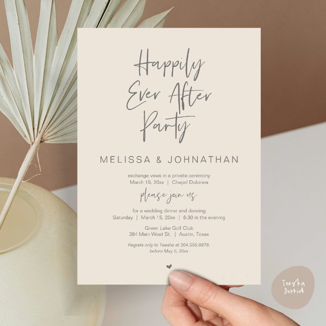 Convites Feliz Para Sempre, Festa de Janto de Elopemento de (Happily Ever After Party, Wedding Dinner and Dancing Invitation Card, PDF, in Dark Grey Cream)