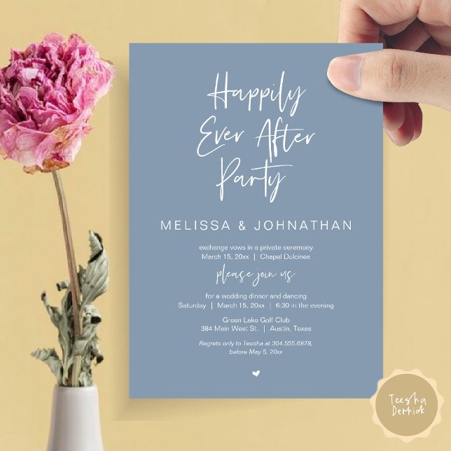 Convites Feliz Para Sempre, Festa de Janto de Elopemento de (Happily Ever After Party, Wedding Dinner and Dancing Invitation Card, PDF, in Dusty Blue)
