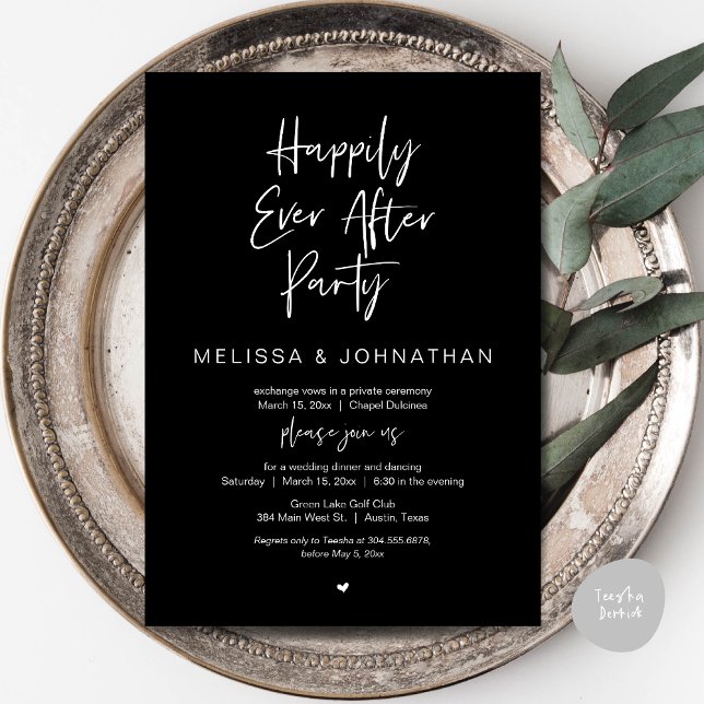 Convites Feliz Para Sempre, Festa de Janto de Elopemento de (Happily Ever After Party, Wedding Dinner and Dancing Invitation Card, PDF, in Classy Black)