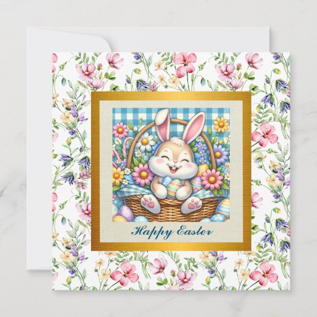 Convites Feliz Páscoa Com Coelhinho Fofo, Ovos e Floral (Frente)