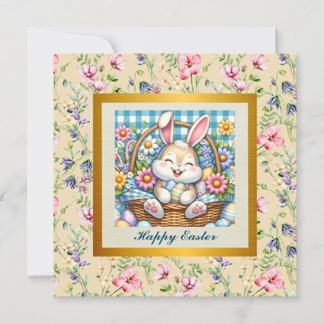 Convites Feliz Páscoa Com Coelhinho Fofo, Ovos e Floral (Frente)