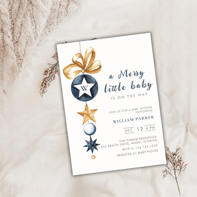 Convites Feliz Pequeno Chá de fraldas do Monograma de inver (Merry Little Winter Monogram Baby Shower Invitation)
