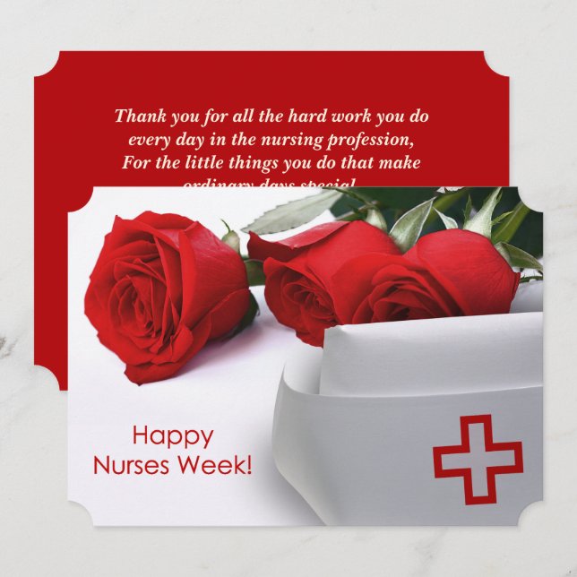 Convites Feliz Semana das Enfermeiras. Rosa vermelha e plac (Frente/Verso)