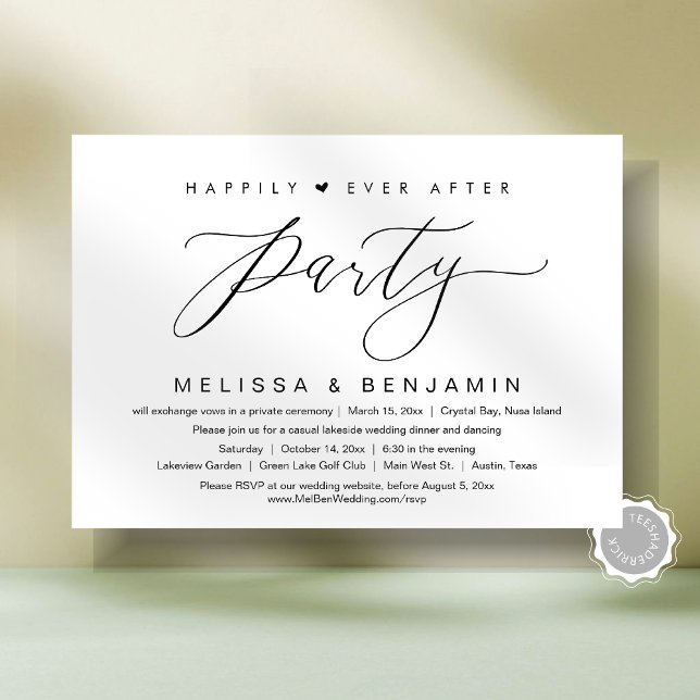 Convites Feliz Sempre Após o Elopemento Jante, Script Moder (Happily Ever After Dinner Elopement Party, Modern Script Invitation Card, Digital and printed copy,)