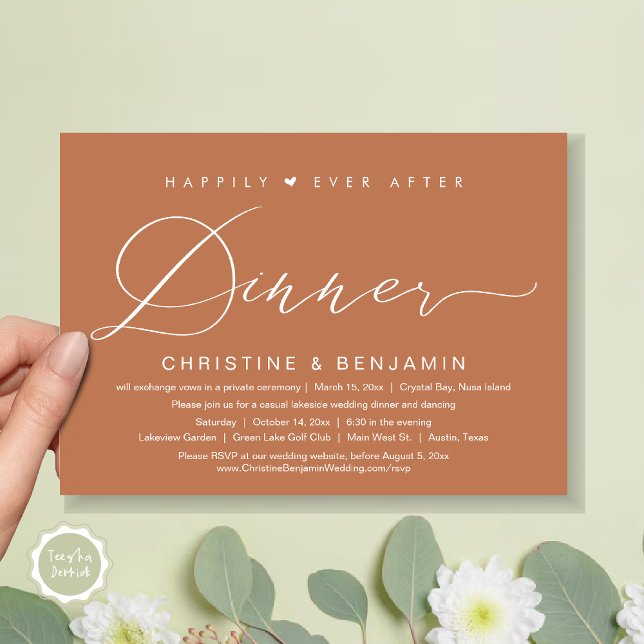 Convites Feliz Sempre Após o Elopemento Jante, Script Moder (Happily Ever After Dinner Invitation Card, PDF, Modern Romantic Script, in Copper Rust Brown)