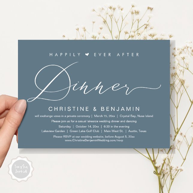 Convites Feliz Sempre Após o Elopemento Jante, Script Moder (Happily Ever After Dinner Invitation Card, PDF, Modern Romantic Script, in Dark Dusty Blue)