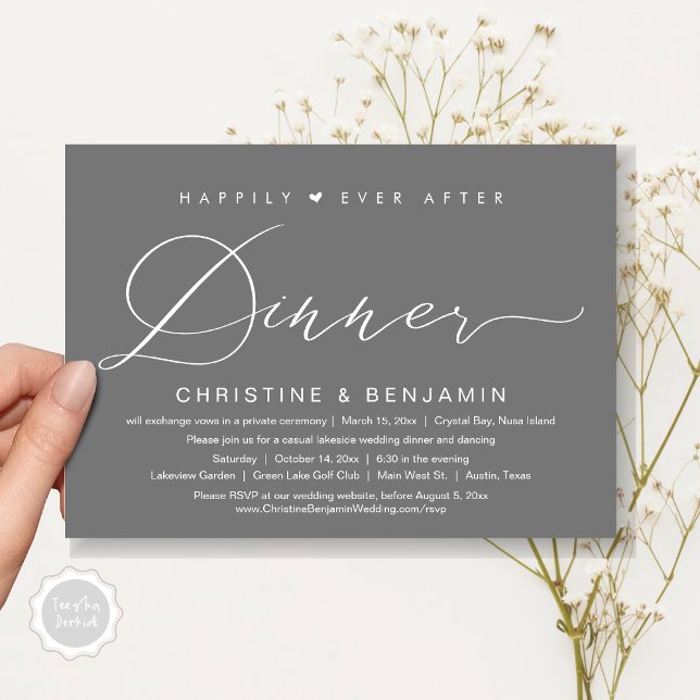 Convites Feliz Sempre Após o Elopemento Jante, Script Moder (Happily Ever After Dinner Invitation Card, PDF, Modern Romantic Script, in Dark Grey)