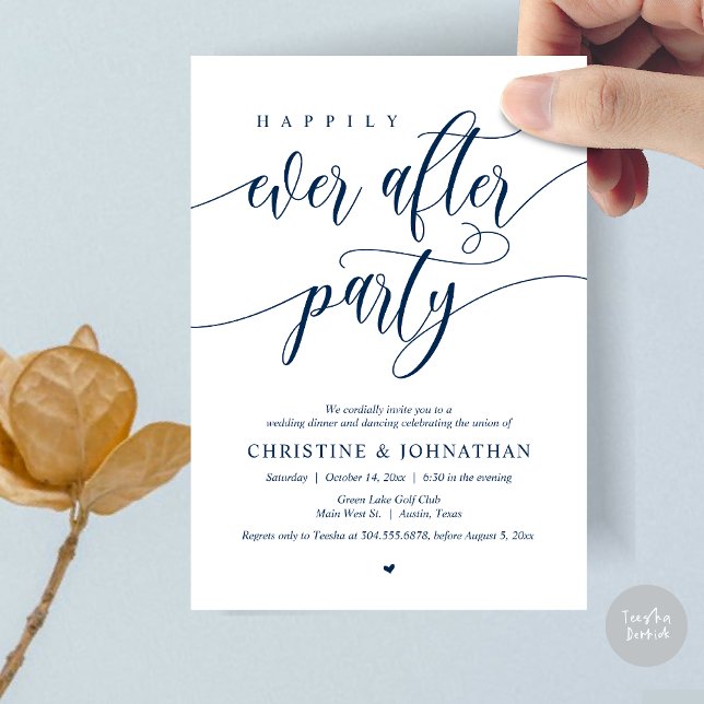 Convites Feliz Sempre Depois da Festa Jantar Dançar (Happily Ever After Party Dinner Dancing Modern Invitation Card, PDF, in Navy Blue)
