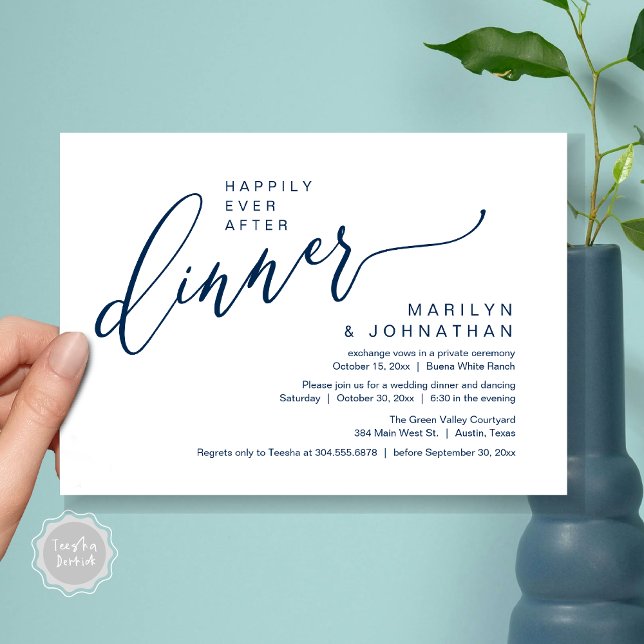 Convites Feliz Sempre Depois da Janta de Recepção de casame (Happily Ever After Party Modern Romantic Wedding Reception Dinner Invitation Card PDF Navy Blue)
