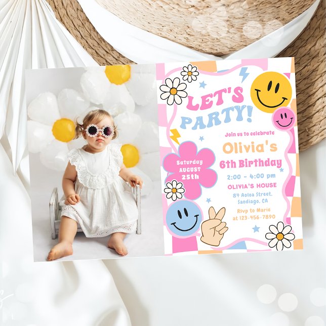 Convites Feliz Sorriso Groovy Marcado Foto de Aniversário (Criador carregado)