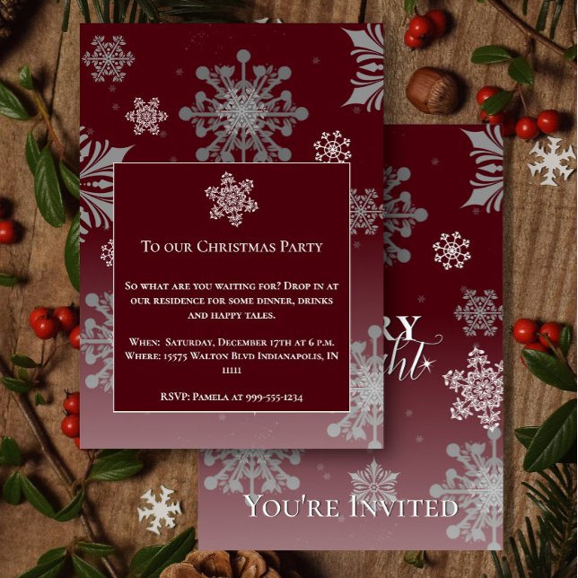 Convites Feliz Vermelha e Festa de Natal Bright Snowflakes (Red Merry and Bright Snowflakes Christmas Party Invitation)