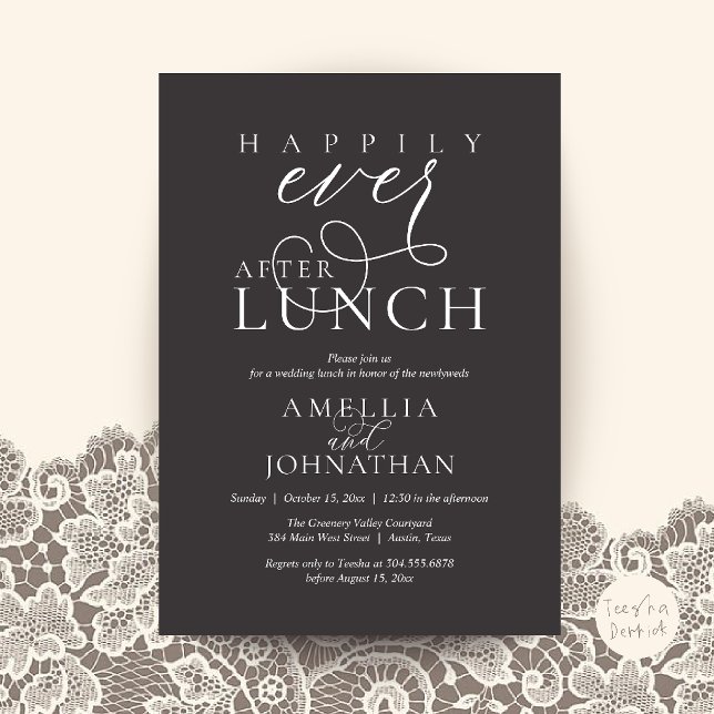 Convites Felizes para Sempre após o Almoço Elopamento de Ca (Happily Ever After Lunch Classy Wedding Elopement Invitation Card in Charcoal Grey)
